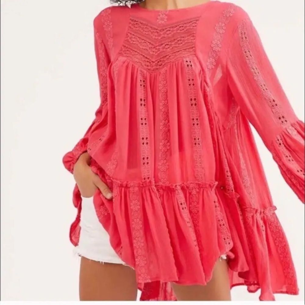 Free People Kiss Kiss Lace Detail Tunic Top Size Small Boho Peasant Blouse Small